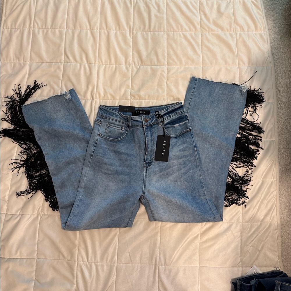 Risen Brand Light Blue Flare Jeans with Black Fringe